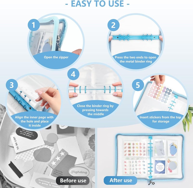 NOCAFI Sticker Organizer Binder Storage Book A5 Reusable Sticker Book Collecting Holder Display Album with 220 Pockets and Zipper Closure (Blue) - Image 5
